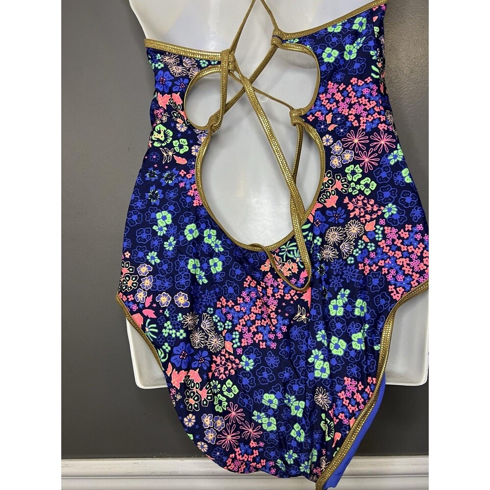Aerie Swimsuit Womens XL Blue Floral One Piece Triangle Crisscross Back Strappy - Picture 7 of 12